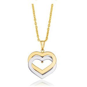 14K Solid Two Tone Double Hearts Pendant Necklace For Women With 18" Cable Chain
